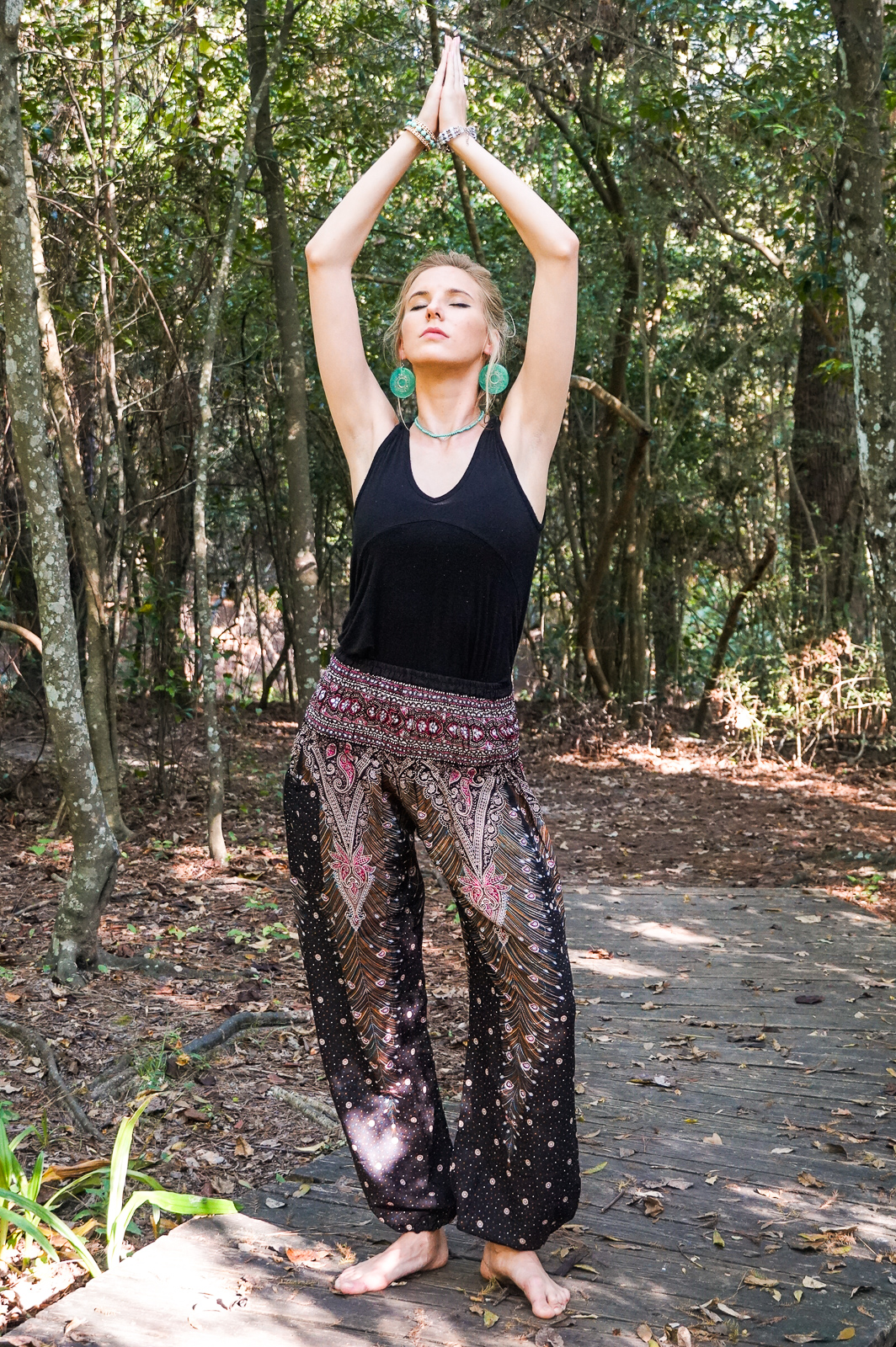 Brown Pink PEACOCK Women Boho Pants featuring a vibrant peacock design, elastic waist, and ankle, perfect for yoga and casual wear.