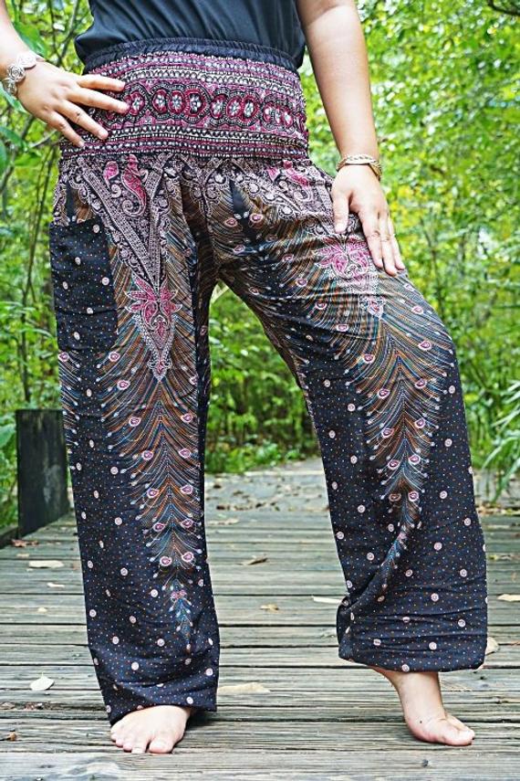 Brown Pink PEACOCK Women Boho Pants featuring a vibrant peacock design, elastic waist, and ankle, perfect for yoga and casual wear.