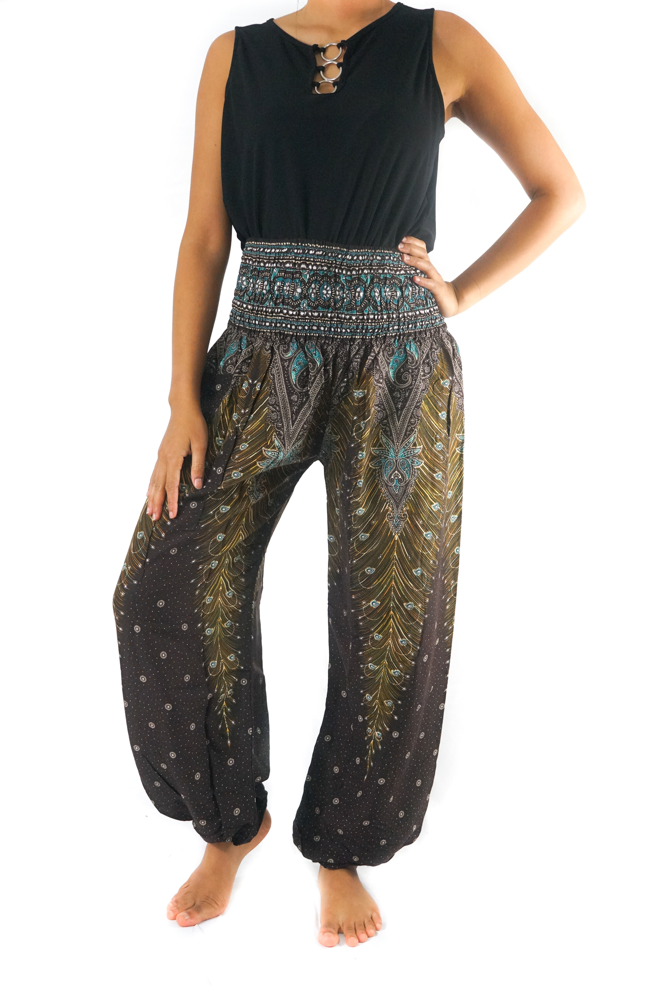 Brown Teal PEACOCK Women Boho Pants featuring a vibrant peacock pattern, elastic waist, and ankle design, perfect for yoga and casual wear.