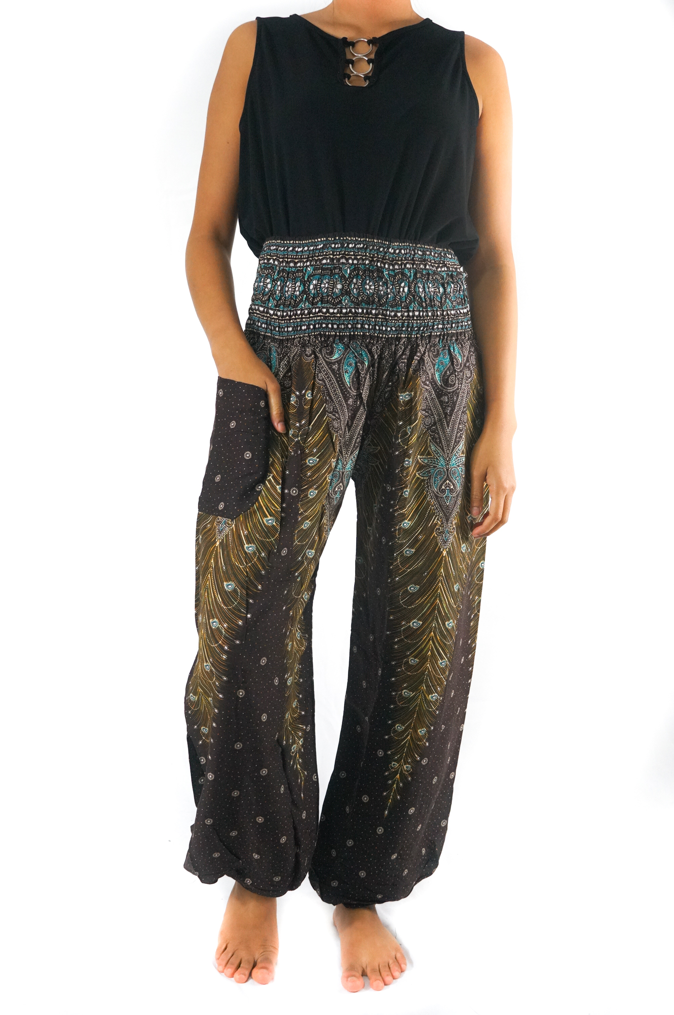 Brown Teal PEACOCK Women Boho Pants featuring a vibrant peacock pattern, elastic waist, and ankle design, perfect for yoga and casual wear.