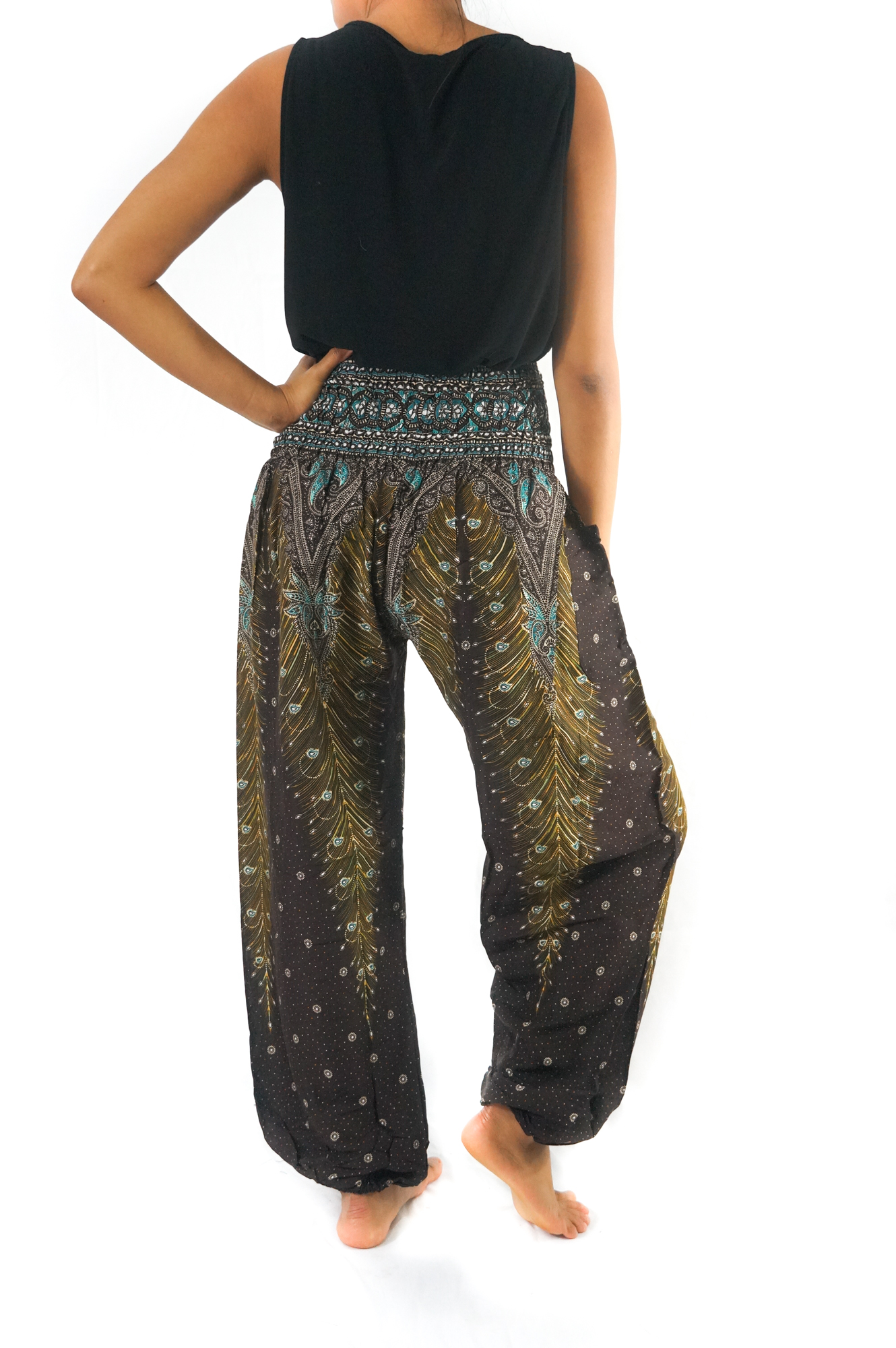 Brown Teal PEACOCK Women Boho Pants featuring a vibrant peacock pattern, elastic waist, and ankle design, perfect for yoga and casual wear.