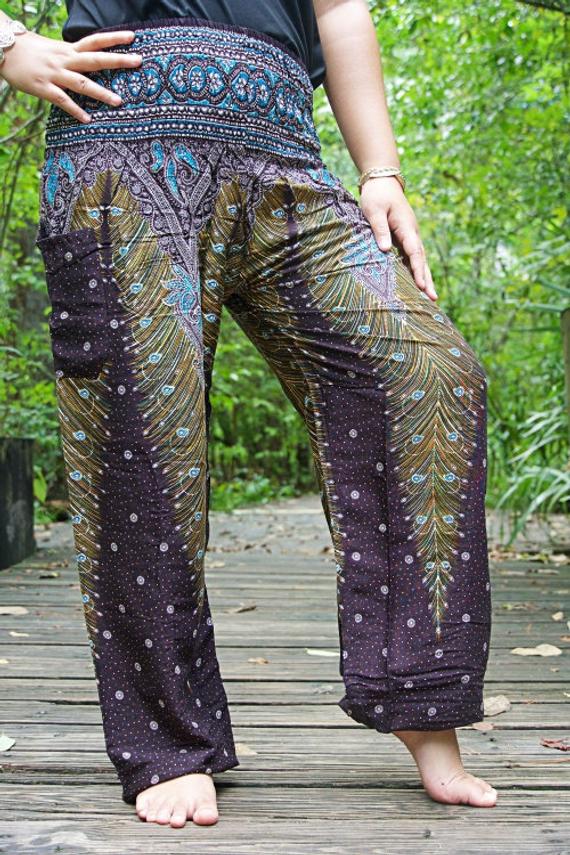 Brown Teal PEACOCK Women Boho Pants featuring a vibrant peacock pattern, elastic waist, and ankle design, perfect for yoga and casual wear.