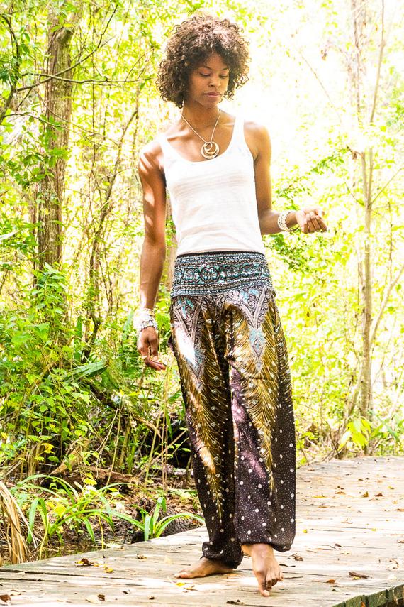 Brown Teal PEACOCK Women Boho Pants featuring a vibrant peacock pattern, elastic waist, and ankle design, perfect for yoga and casual wear.