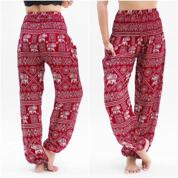 Burgundy Elephant Pants for women, featuring intricate elephant patterns, elastic waist, and ankle design, perfect for yoga and casual wear.