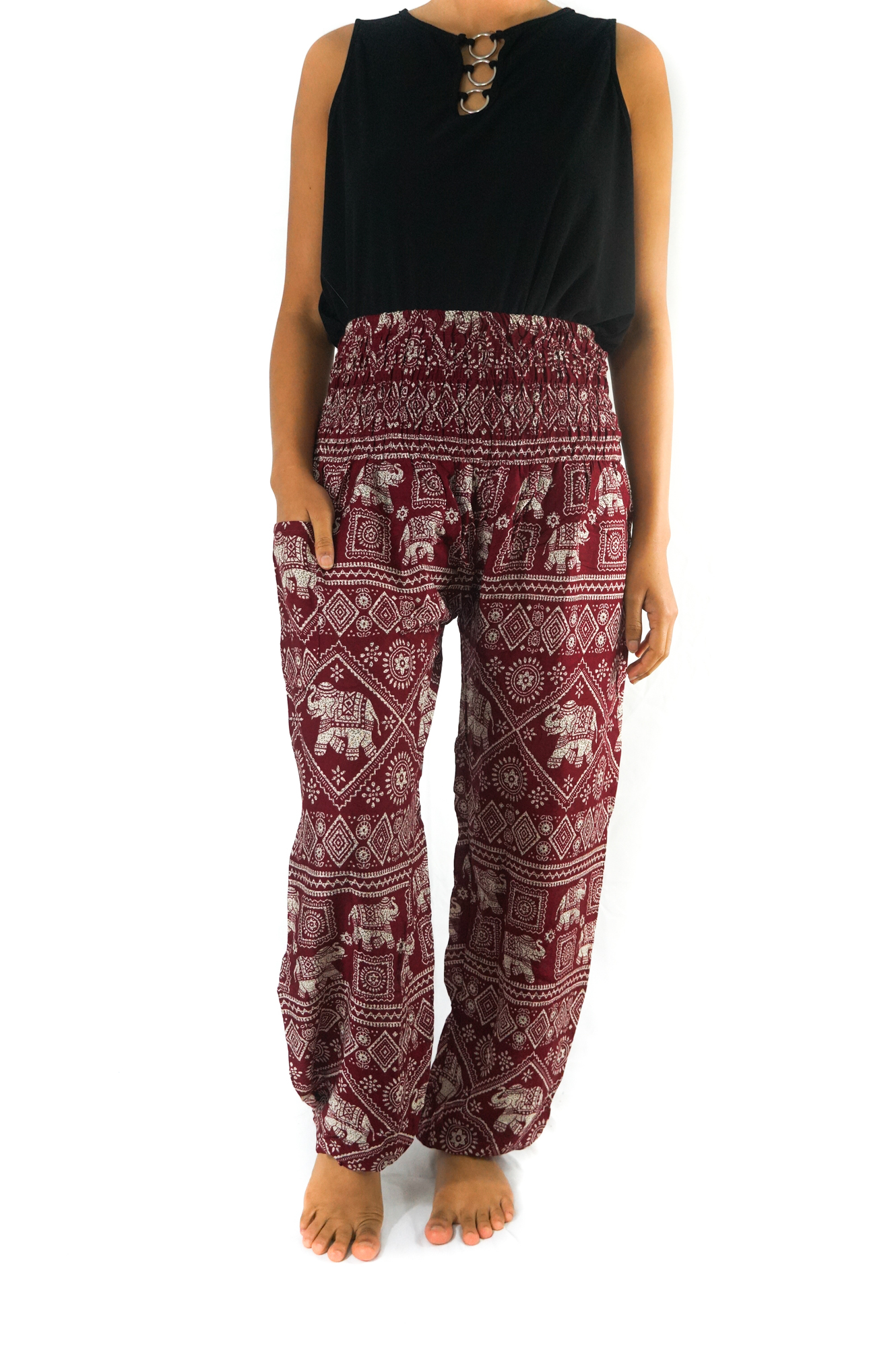 Burgundy Elephant Pants for women, featuring intricate elephant patterns, elastic waist, and ankle design, perfect for yoga and casual wear.