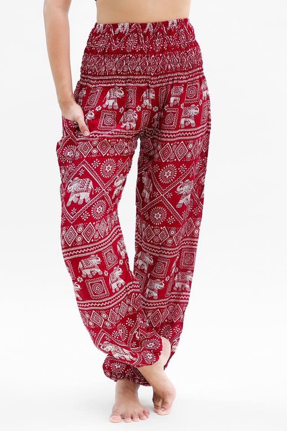 Burgundy Elephant Pants for women, featuring intricate elephant patterns, elastic waist, and ankle design, perfect for yoga and casual wear.