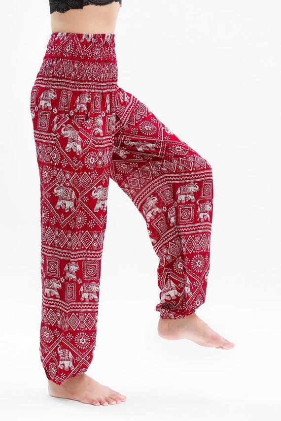 Burgundy Elephant Pants for women, featuring intricate elephant patterns, elastic waist, and ankle design, perfect for yoga and casual wear.