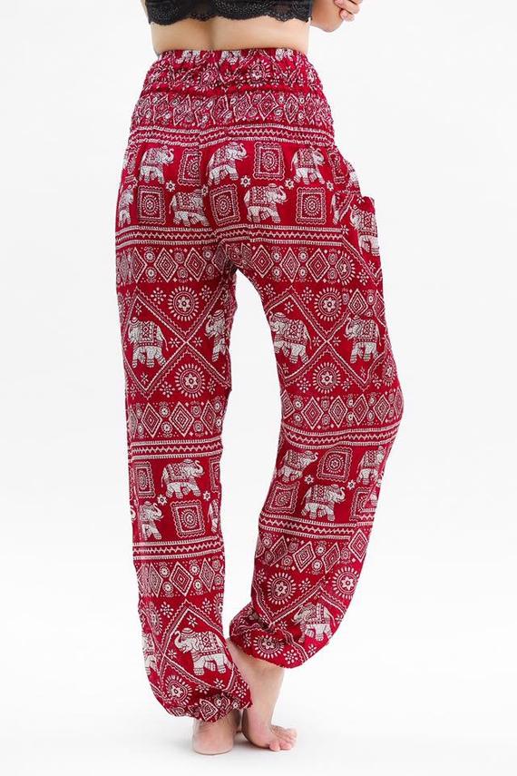 Burgundy Elephant Pants for women, featuring intricate elephant patterns, elastic waist, and ankle design, perfect for yoga and casual wear.