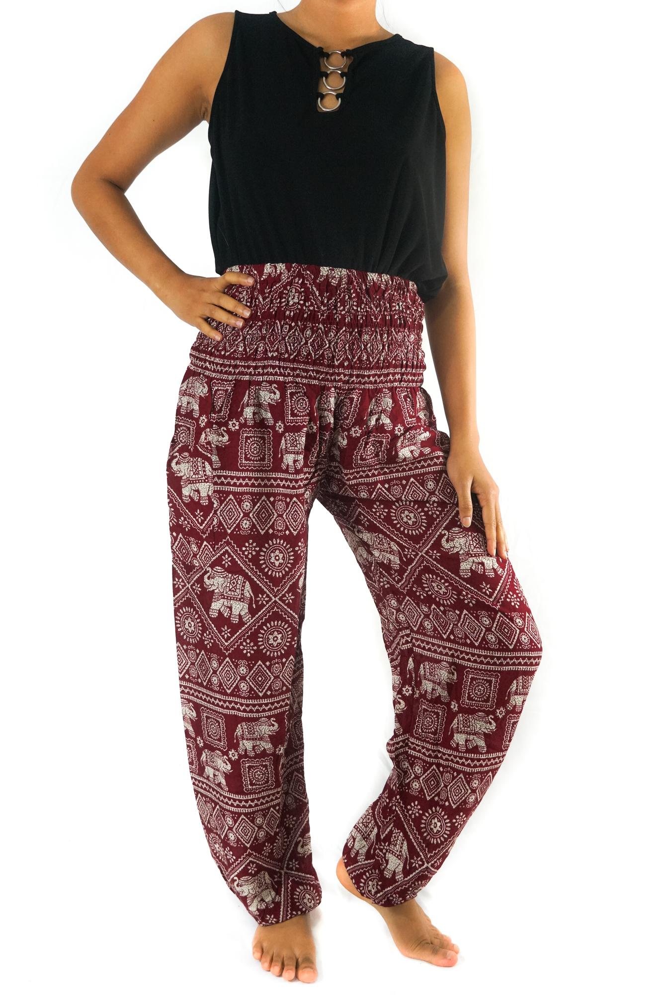 Burgundy Elephant Pants for women, featuring intricate elephant patterns, elastic waist, and ankle design, perfect for yoga and casual wear.