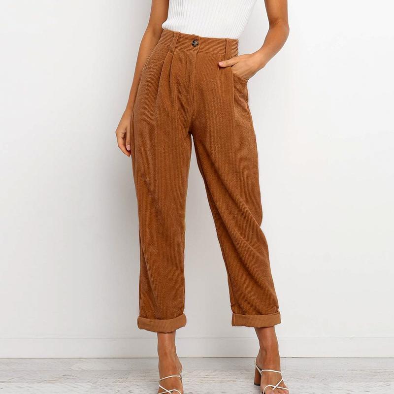 Casual crimping women corduroy pants in solid color, featuring pleated front and pockets, perfect for stylish and comfortable wear.