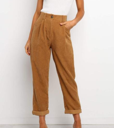 Casual crimping women corduroy pants in solid color, featuring pleated front and pockets, perfect for stylish and comfortable wear.