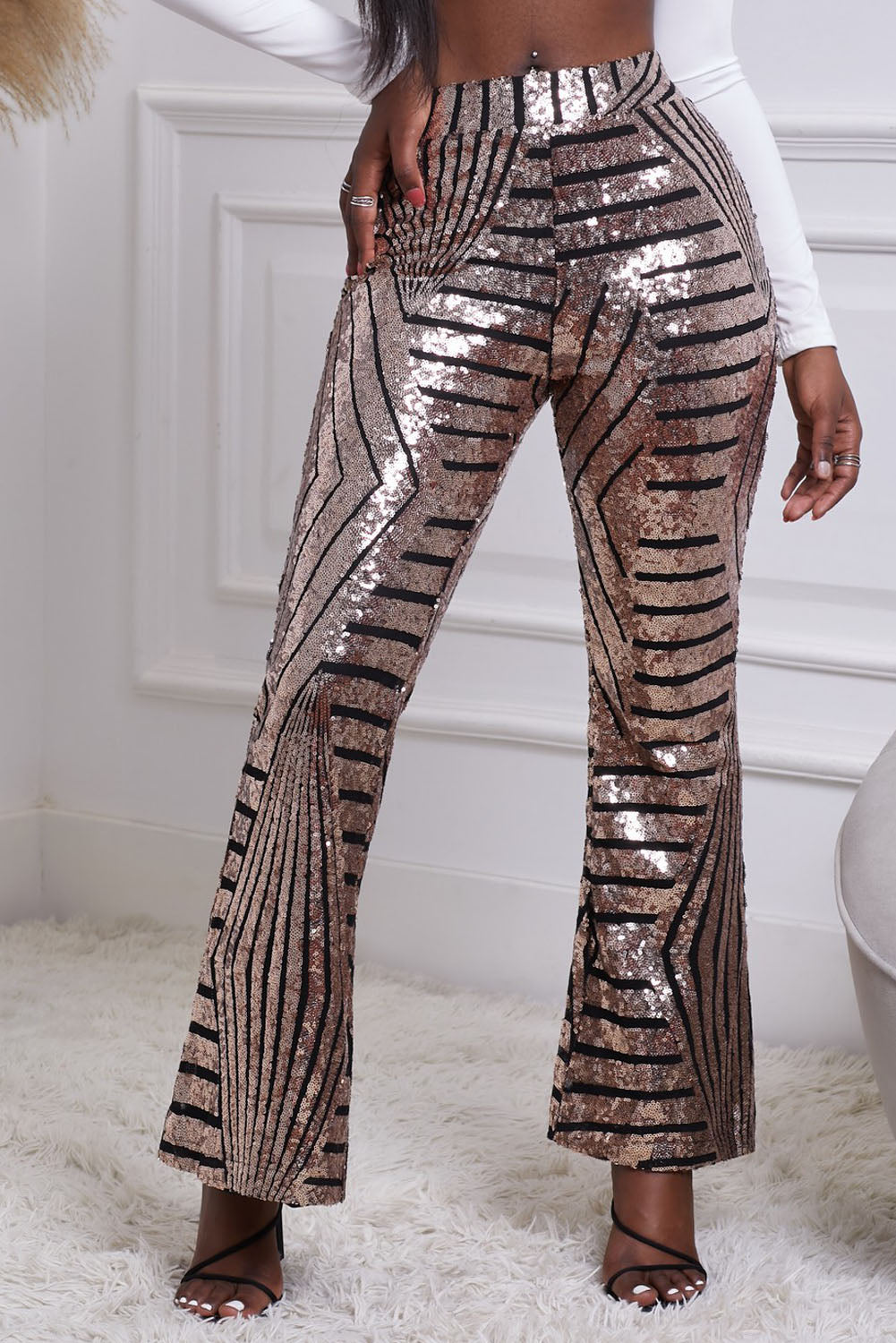 Chic Brown Sequin Wide Leg Pants featuring an Art Deco pattern with a flattering fit and wide flare, perfect for stylish occasions.