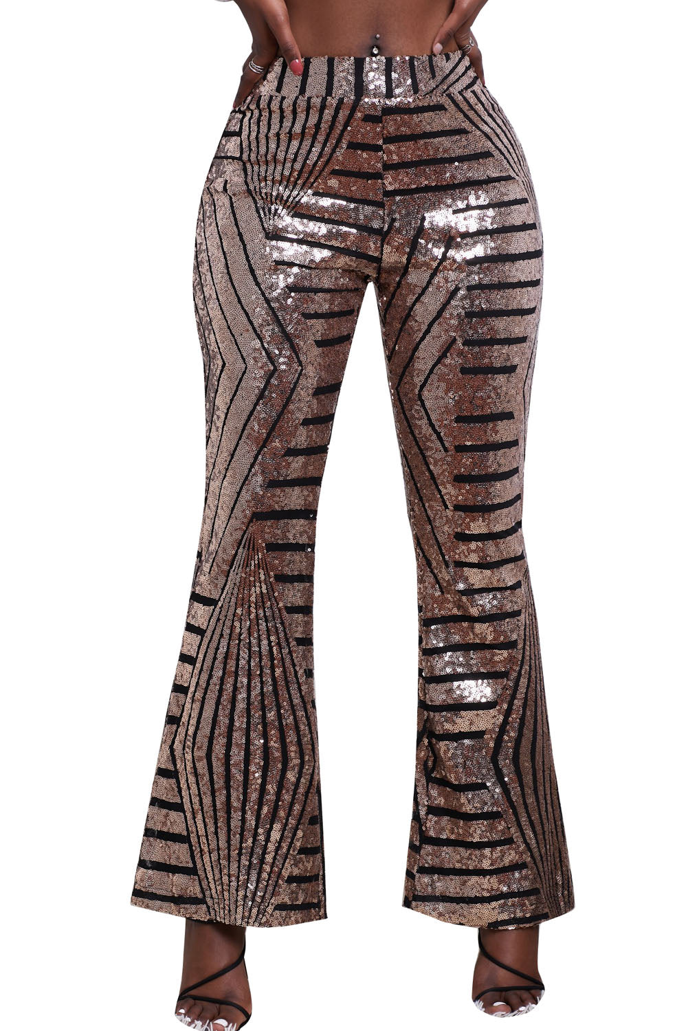 Chic Brown Sequin Wide Leg Pants featuring an Art Deco pattern with a flattering fit and wide flare, perfect for stylish occasions.