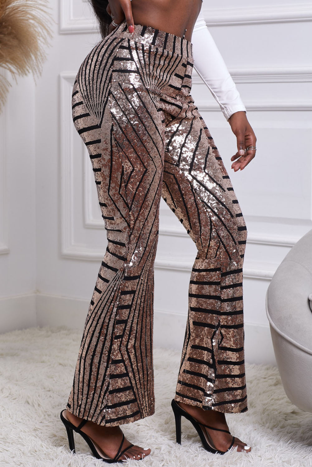 Chic Brown Sequin Wide Leg Pants featuring an Art Deco pattern with a flattering fit and wide flare, perfect for stylish occasions.