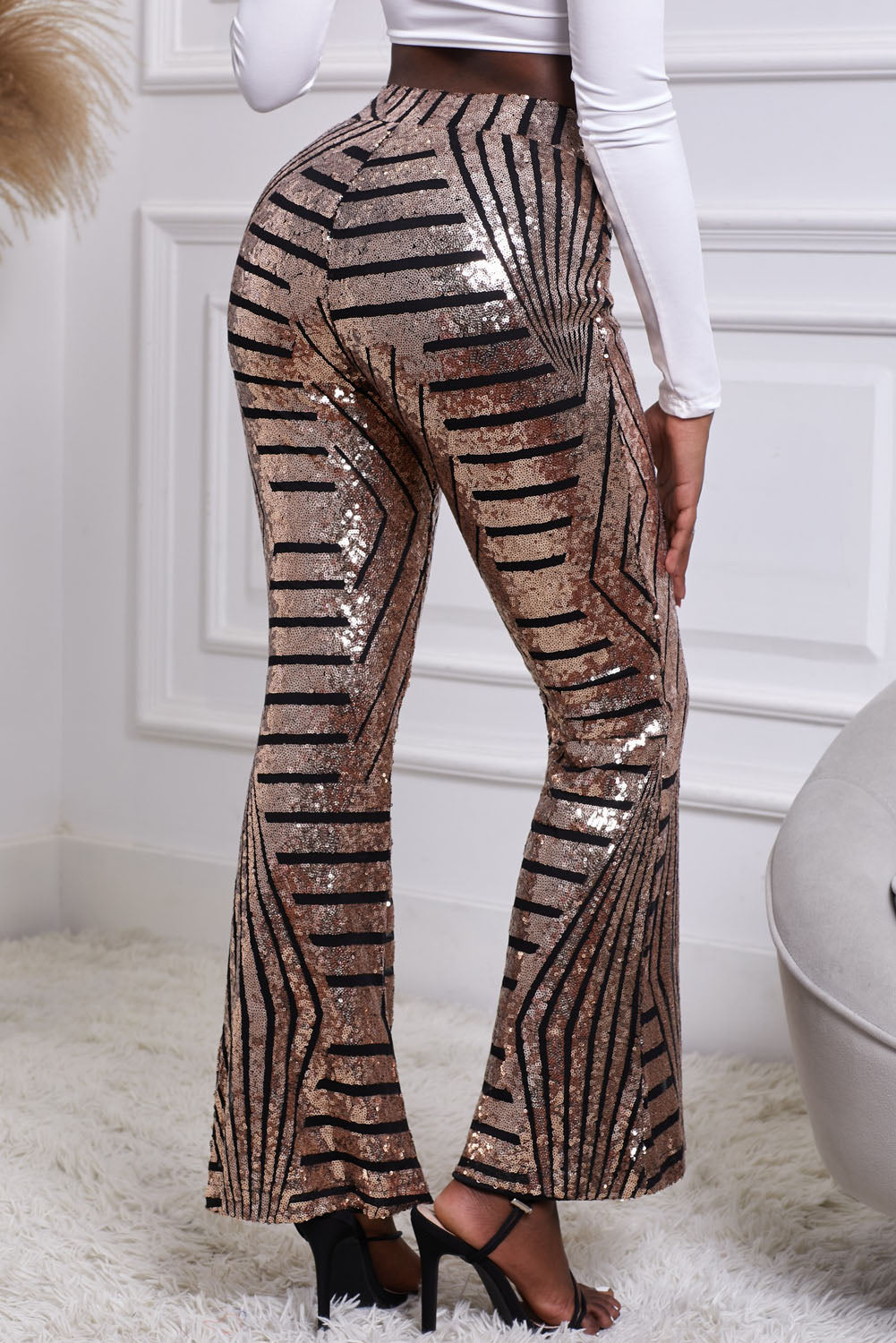 Chic Brown Sequin Wide Leg Pants featuring an Art Deco pattern with a flattering fit and wide flare, perfect for stylish occasions.