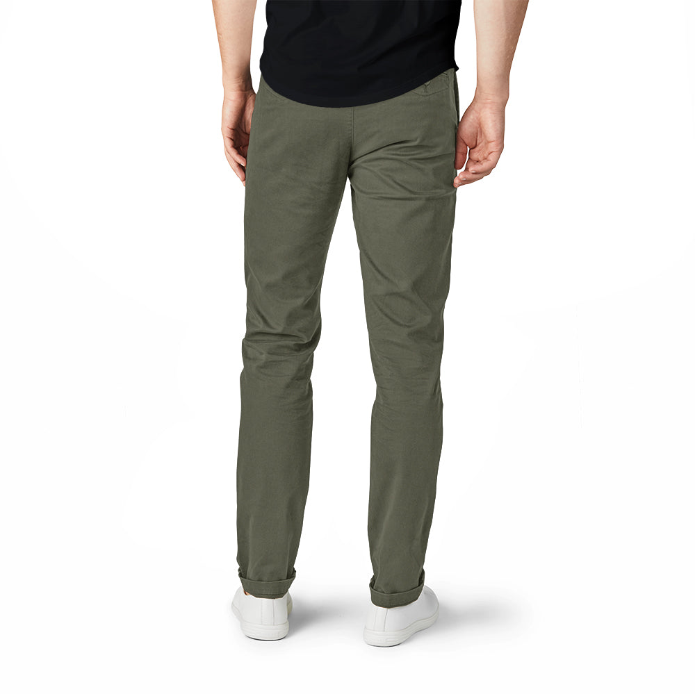 A pair of olive camo chinos designed for active men, showcasing a slim tapered fit and comfortable fabric.