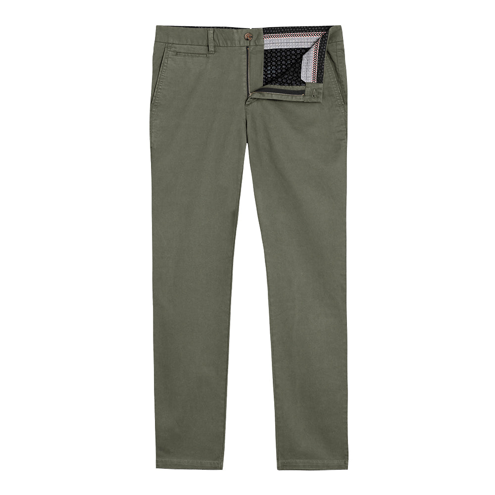 A pair of olive camo chinos designed for active men, showcasing a slim tapered fit and comfortable fabric.