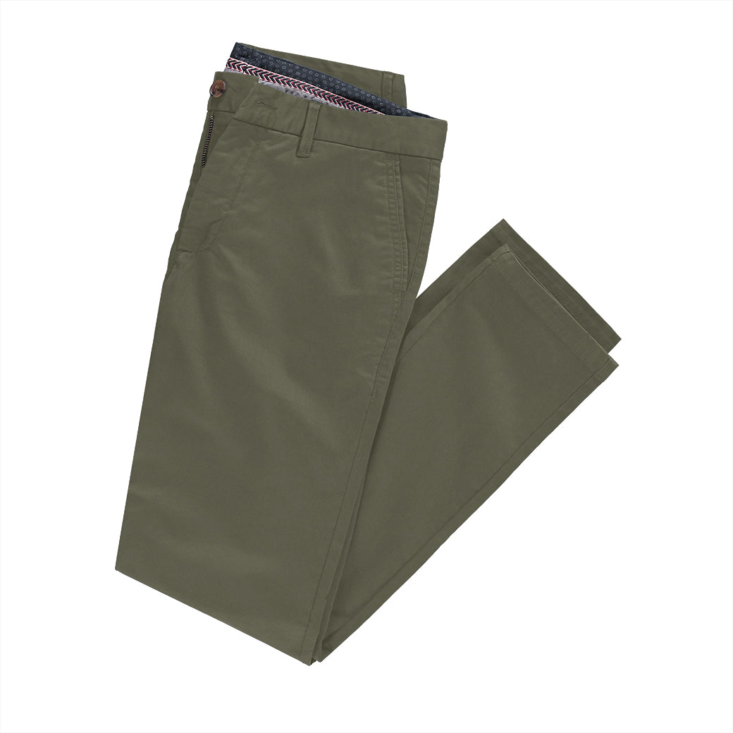 A pair of olive camo chinos designed for active men, showcasing a slim tapered fit and comfortable fabric.