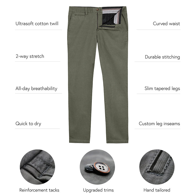 A pair of olive camo chinos designed for active men, showcasing a slim tapered fit and comfortable fabric.