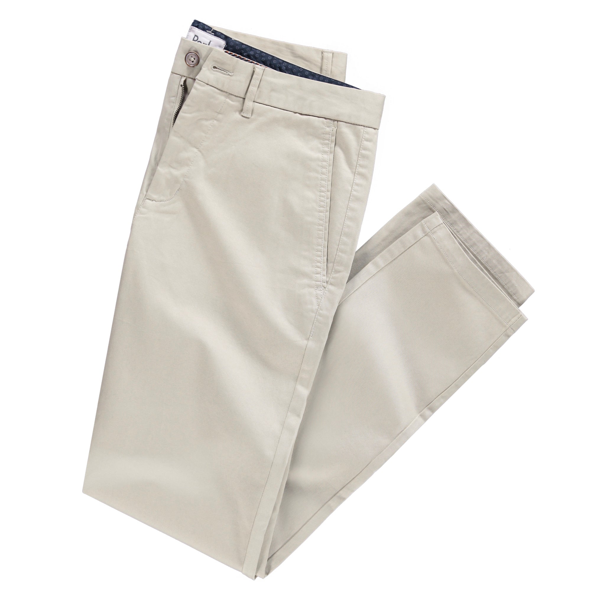 A pair of light khaki chinos designed for comfort and style, featuring a slim tapered fit and a curved waist for added comfort.