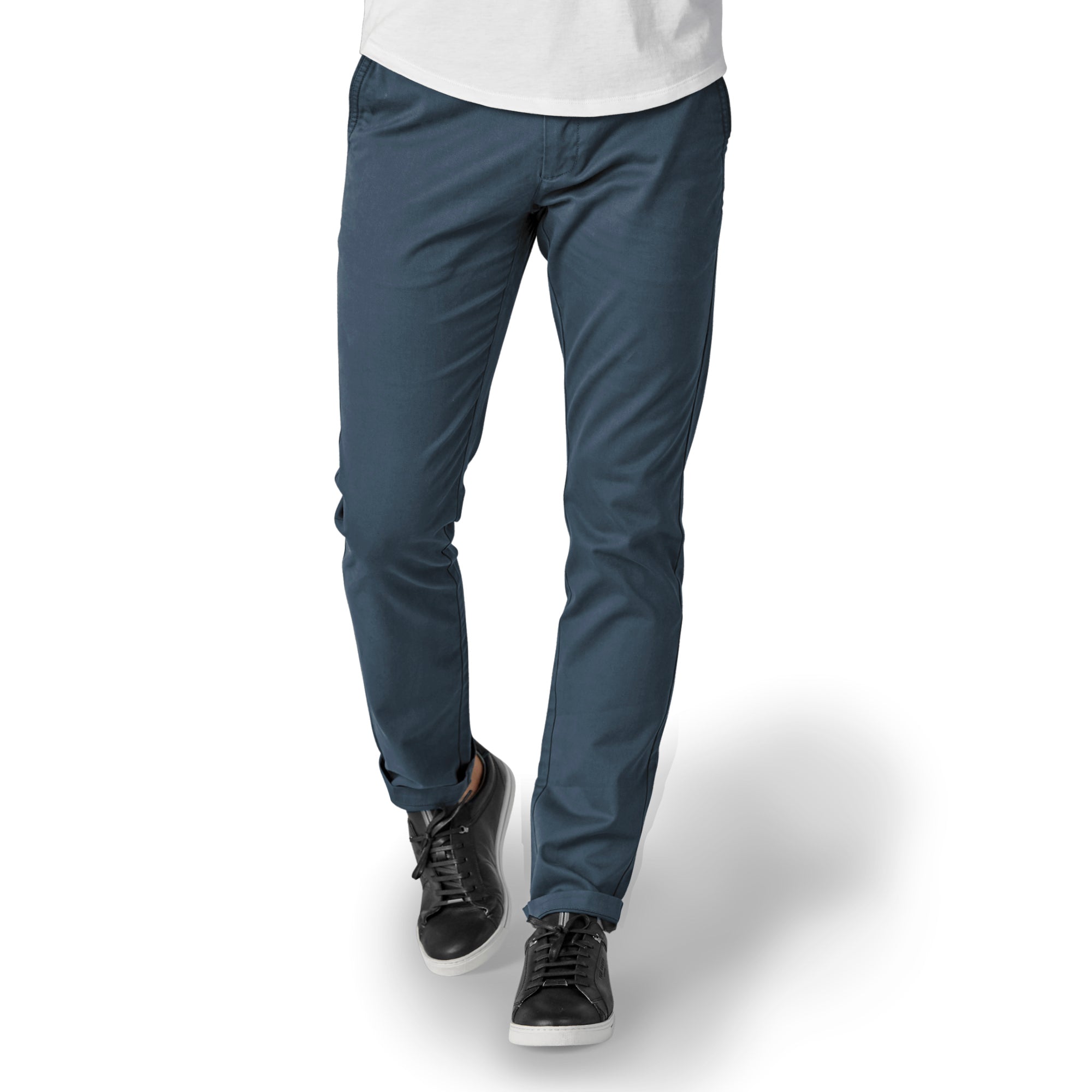 A pair of Feel Good Riverside Blue Chinos displayed on a neutral background, showcasing their slim tapered design and soft fabric.