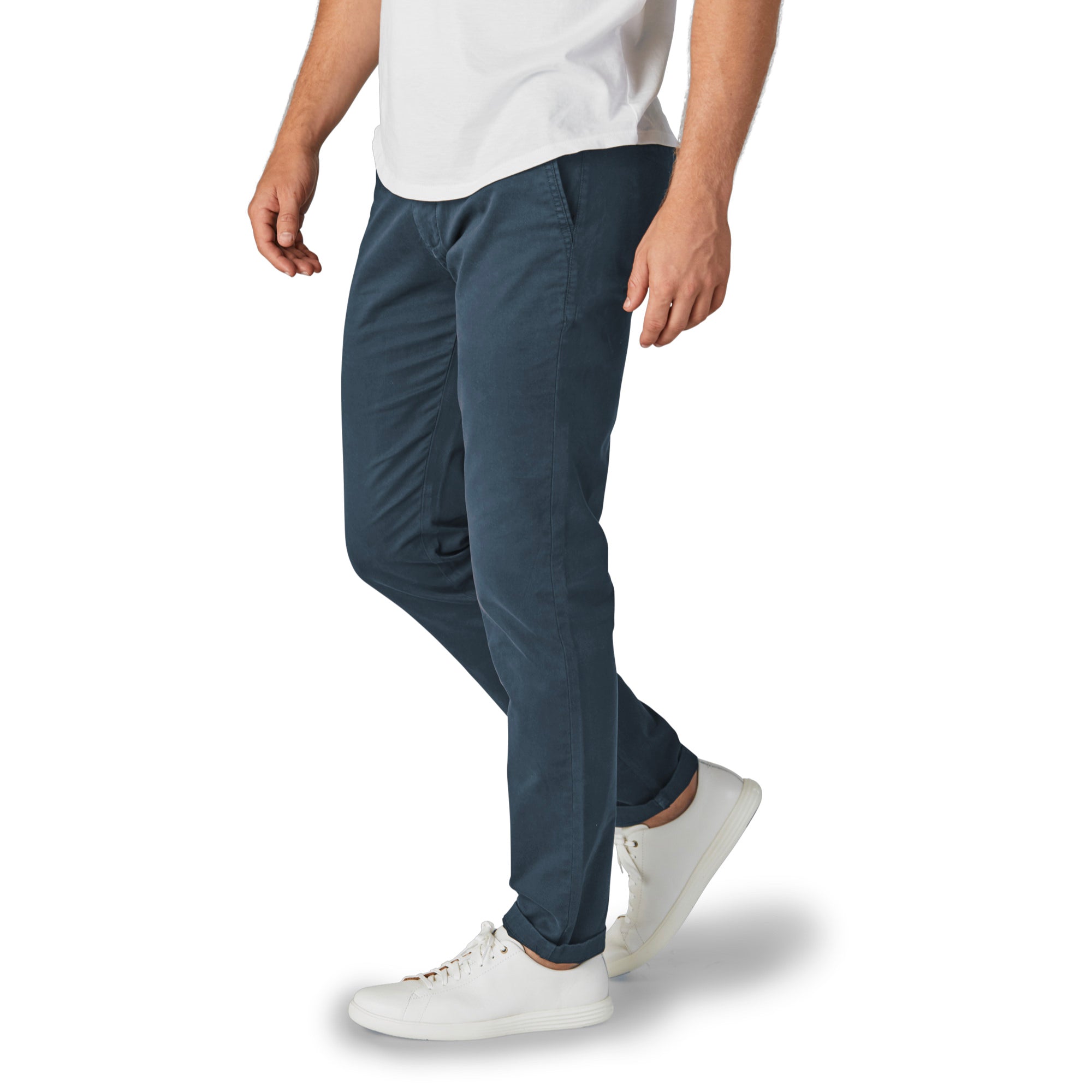 A pair of Feel Good Riverside Blue Chinos displayed on a neutral background, showcasing their slim tapered design and soft fabric.