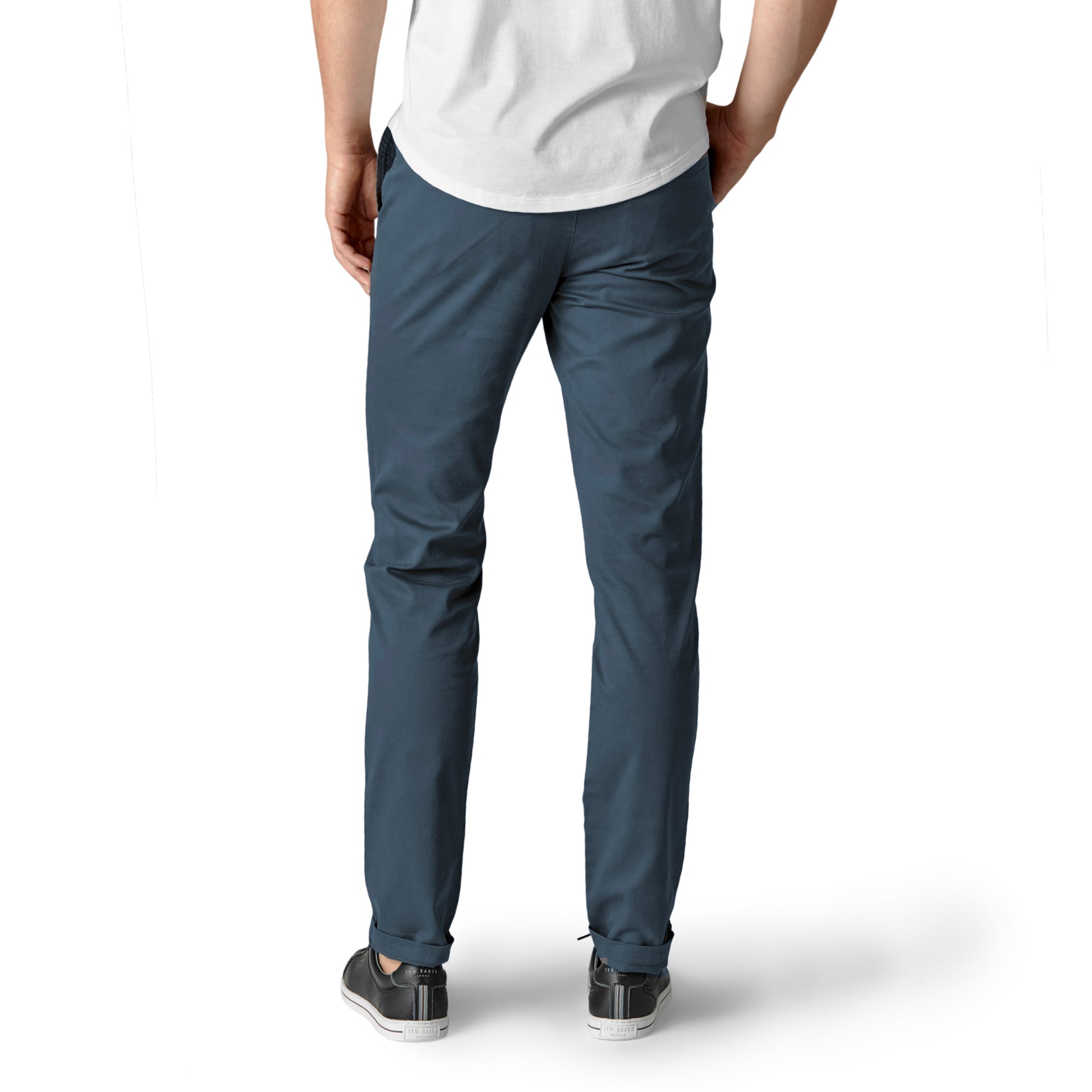 A pair of Feel Good Riverside Blue Chinos displayed on a neutral background, showcasing their slim tapered design and soft fabric.