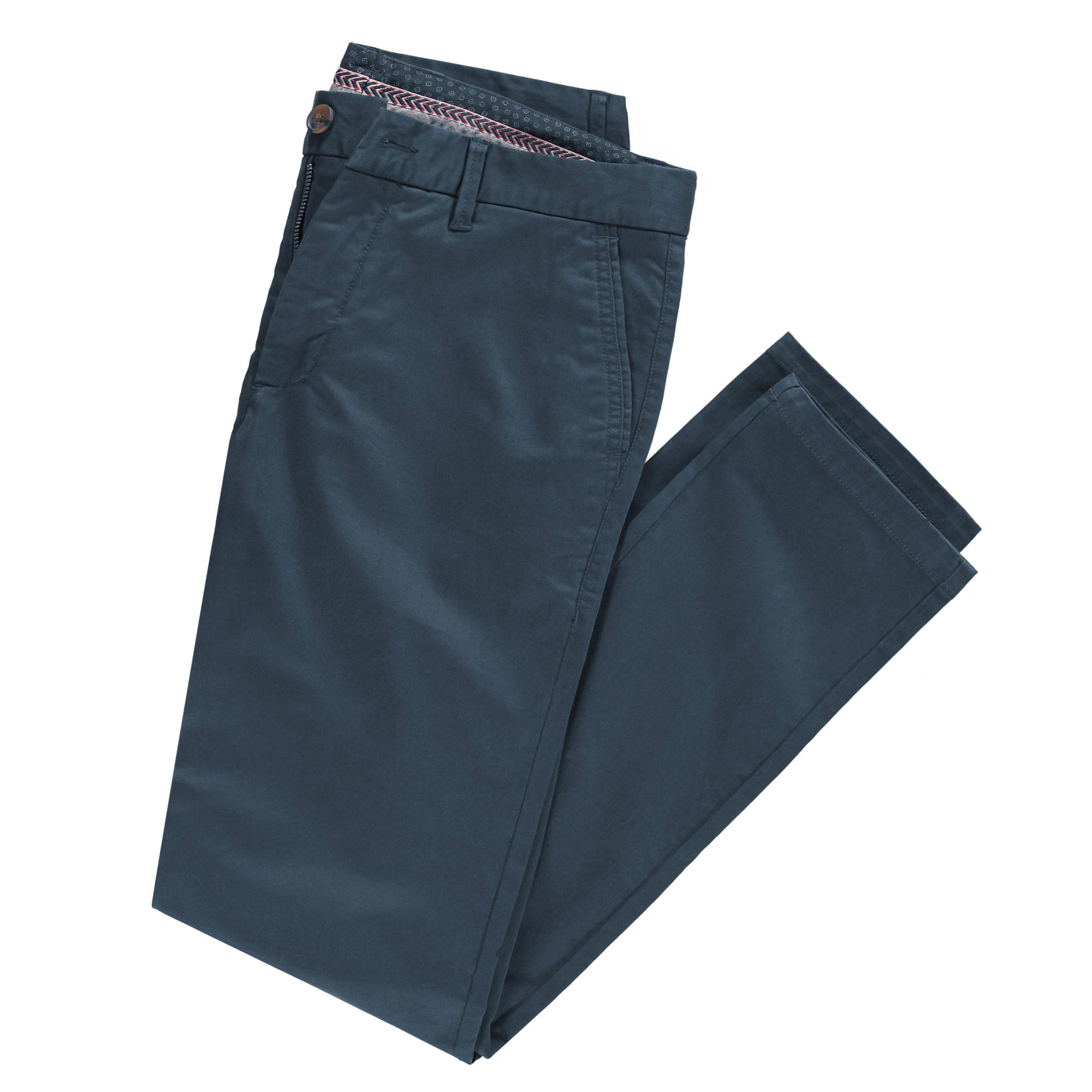 A pair of Feel Good Riverside Blue Chinos displayed on a neutral background, showcasing their slim tapered design and soft fabric.