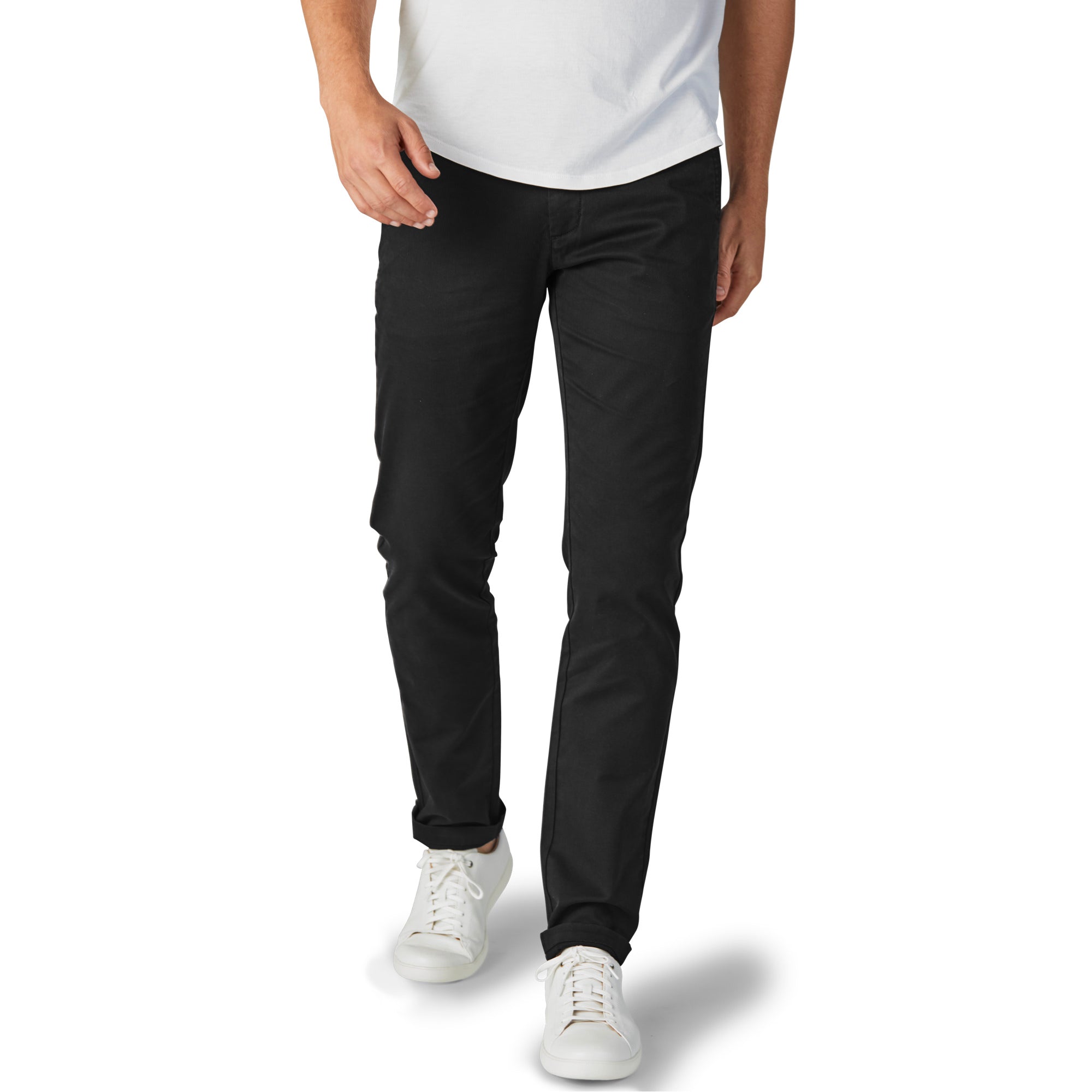 A pair of stylish Feel Good Solid Black Chinos displayed on a neutral background, showcasing their slim tapered fit and soft fabric.