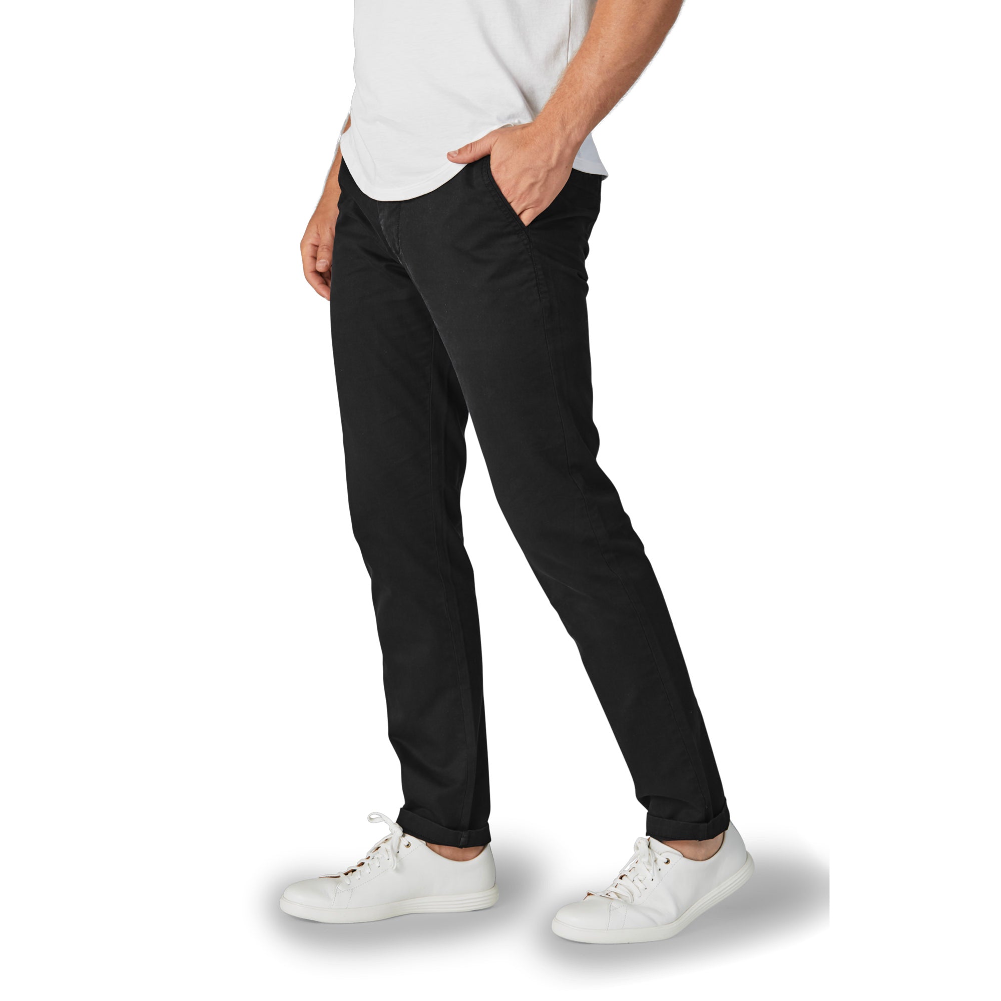 A pair of stylish Feel Good Solid Black Chinos displayed on a neutral background, showcasing their slim tapered fit and soft fabric.