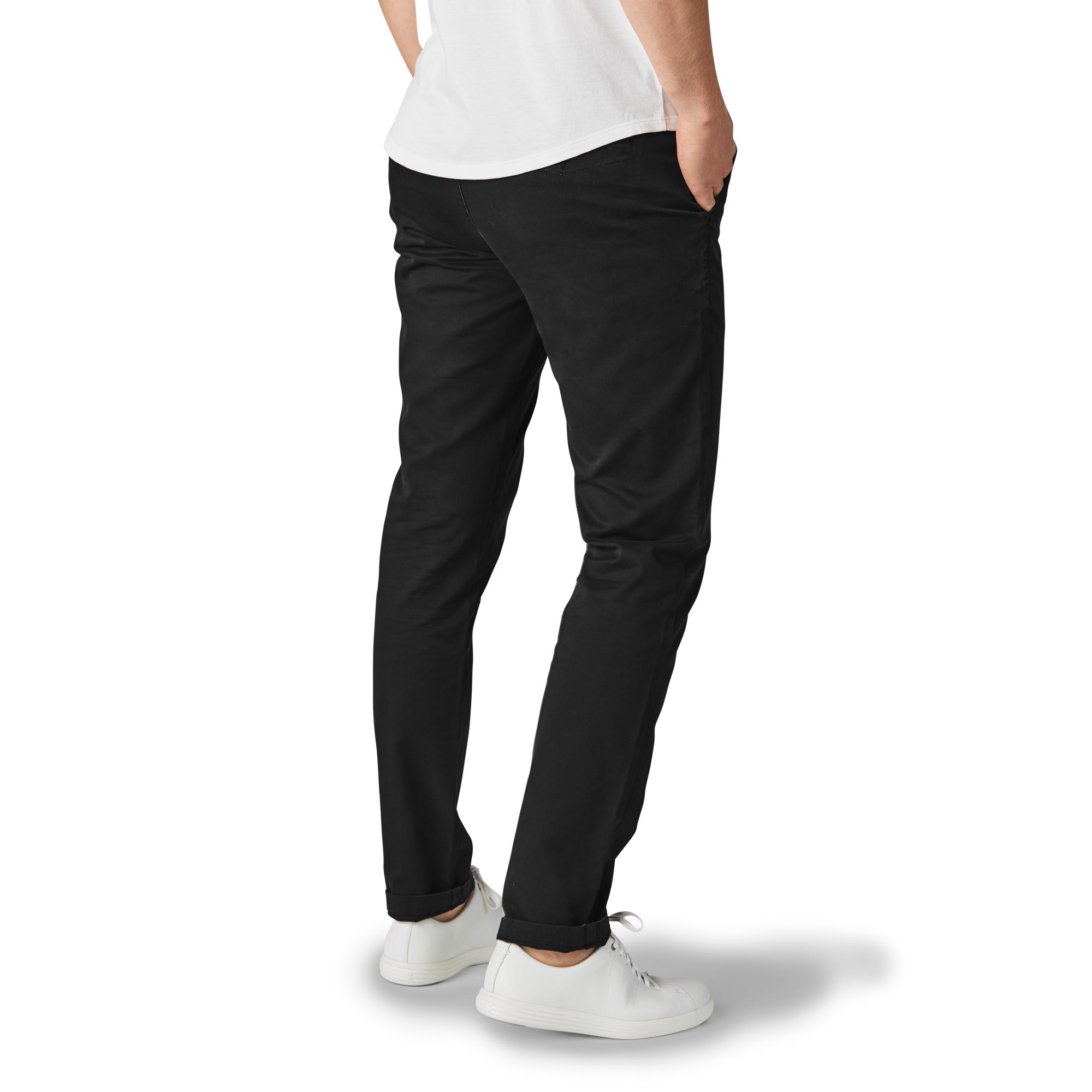 A pair of stylish Feel Good Solid Black Chinos displayed on a neutral background, showcasing their slim tapered fit and soft fabric.