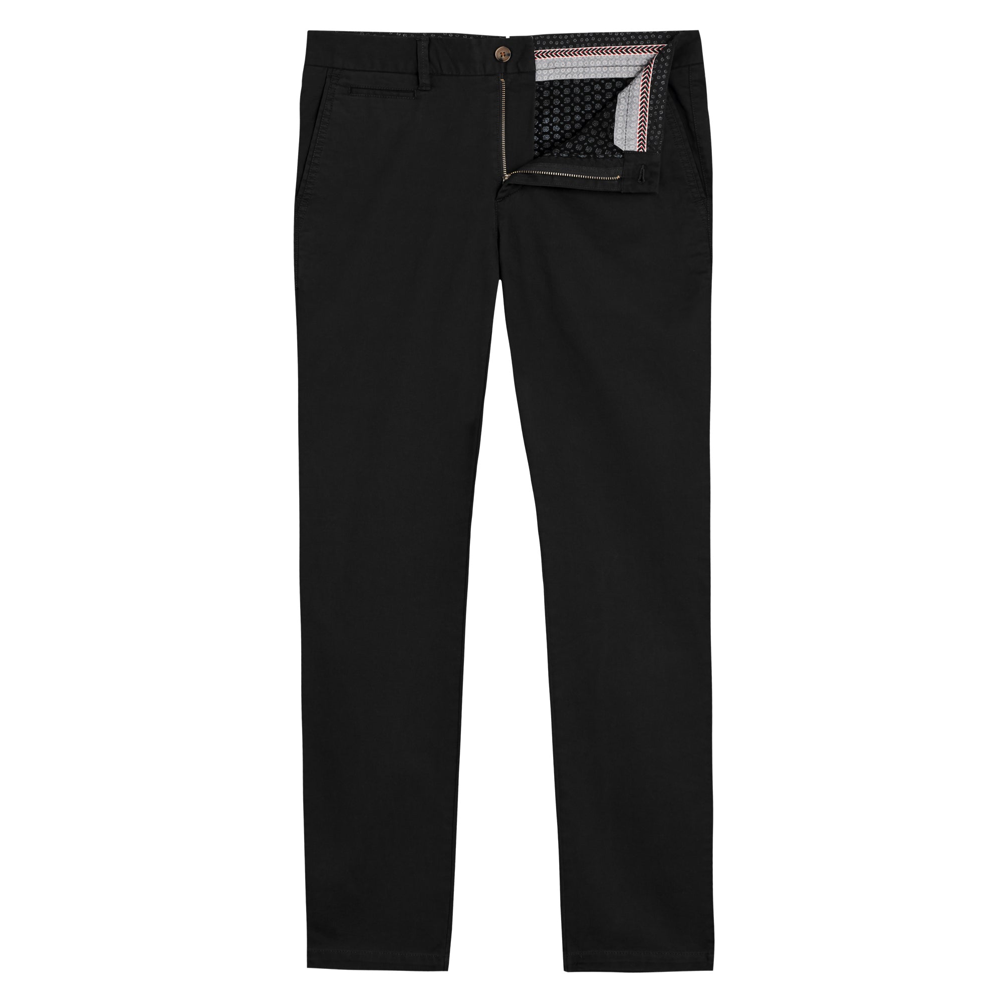 A pair of stylish Feel Good Solid Black Chinos displayed on a neutral background, showcasing their slim tapered fit and soft fabric.