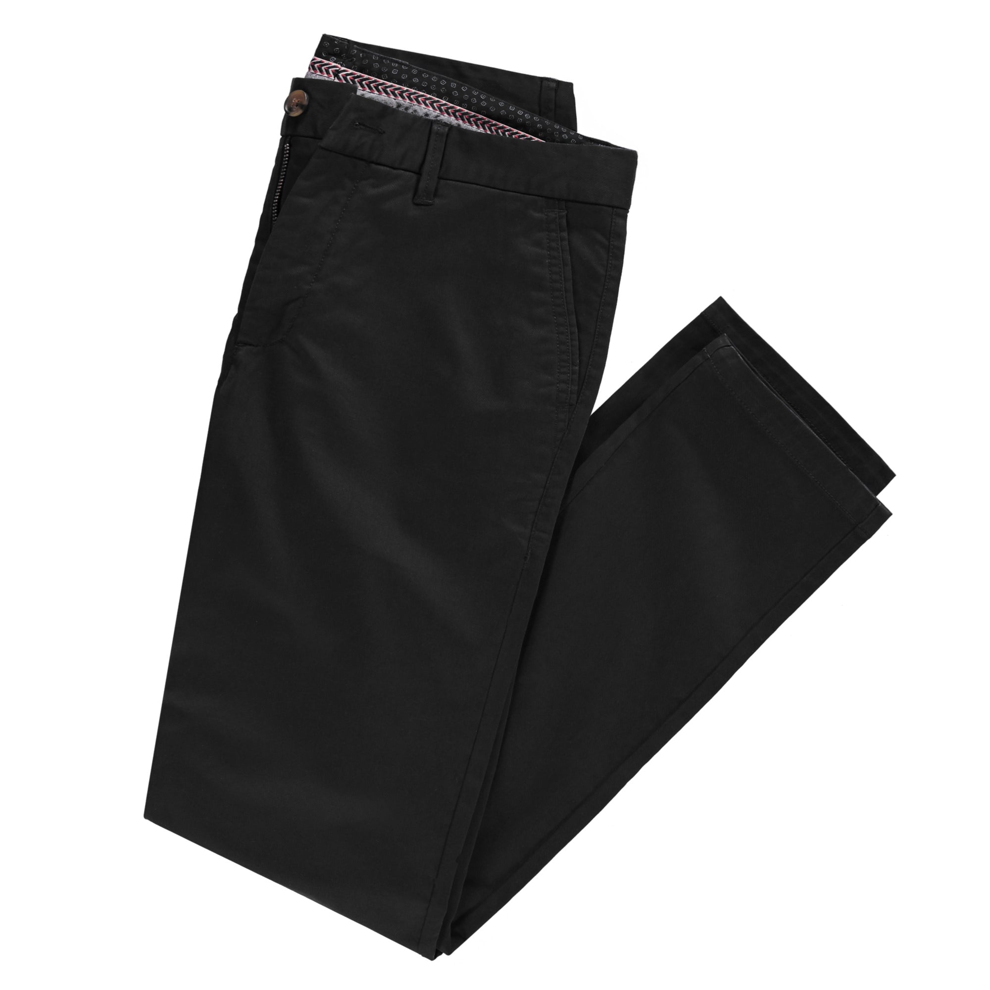 A pair of stylish Feel Good Solid Black Chinos displayed on a neutral background, showcasing their slim tapered fit and soft fabric.