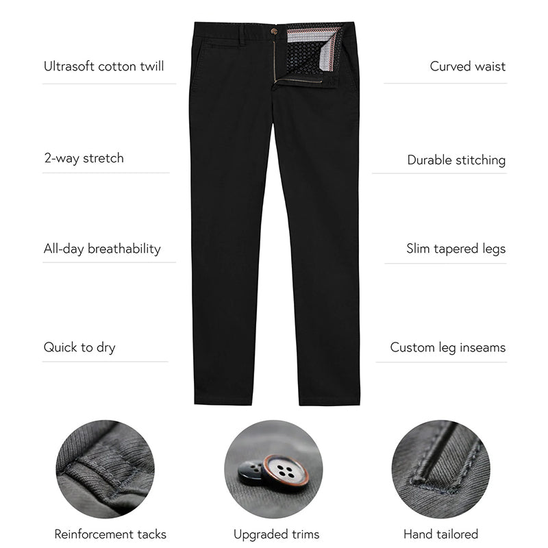 A pair of stylish Feel Good Solid Black Chinos displayed on a neutral background, showcasing their slim tapered fit and soft fabric.