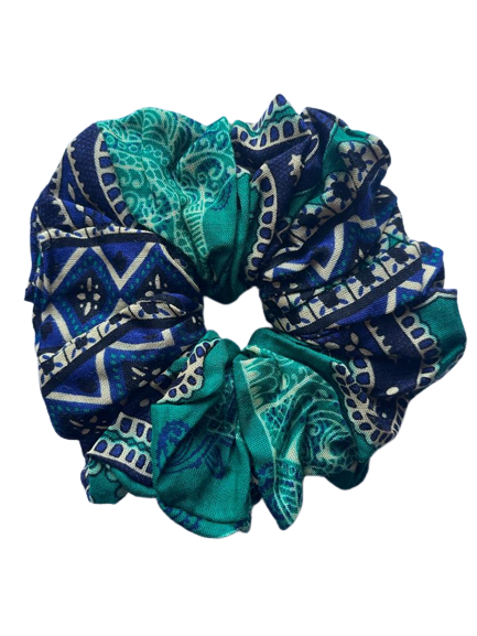 Green Elephant Grassland Print Hair Scrunchie Ties made from eco-friendly Rayon fabric, featuring a vibrant nature-inspired design.