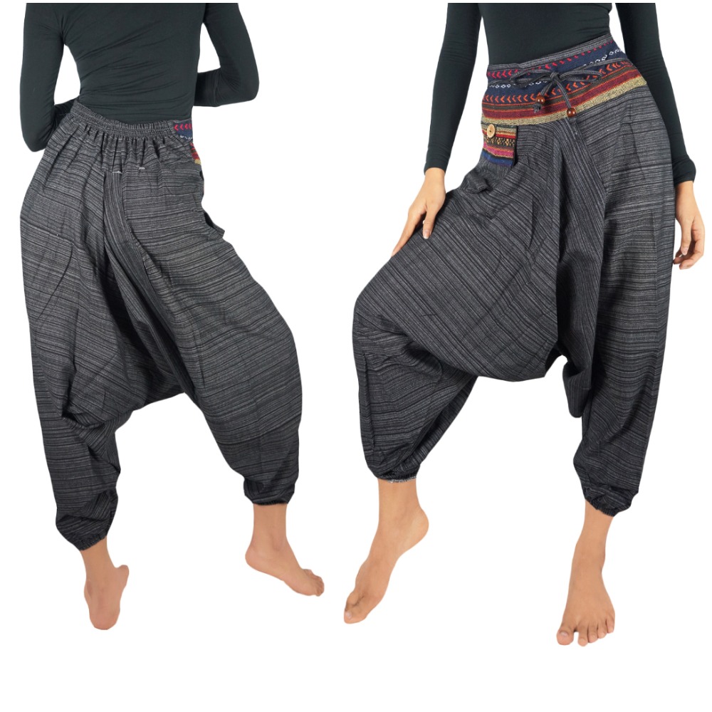 Grey cotton drop crotch pants for women with boho tribal design, featuring elastic waist and ankle, perfect for casual and active wear.