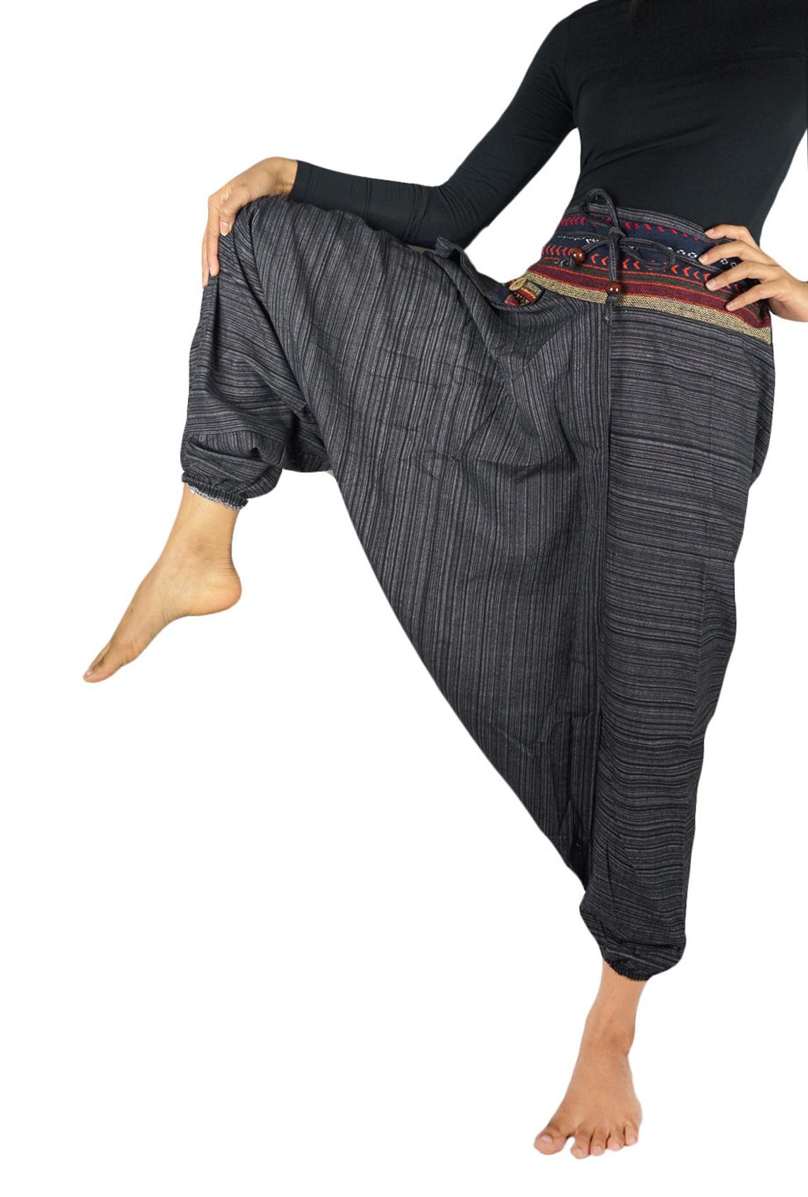 Grey cotton drop crotch pants for women with boho tribal design, featuring elastic waist and ankle, perfect for casual and active wear.