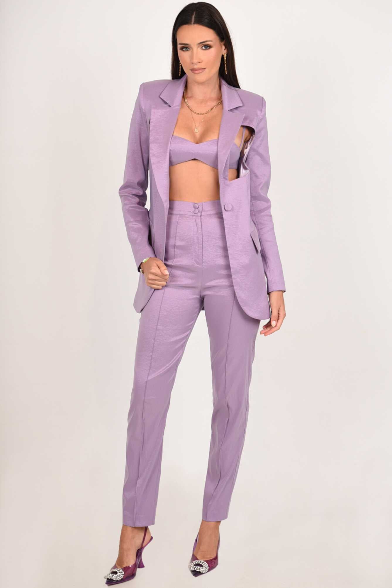 Kalila High Waisted Women's Pants in luxurious lilac color, featuring a high-rise design and zipper closure.