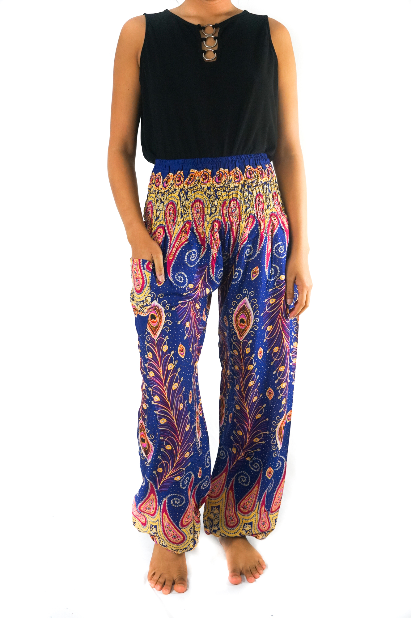 A pair of New Blue Peacock Boho Hippie Gypsy Pants featuring a vibrant peacock pattern, made from lightweight rayon fabric, showcasing their elastic waist and ankle design.