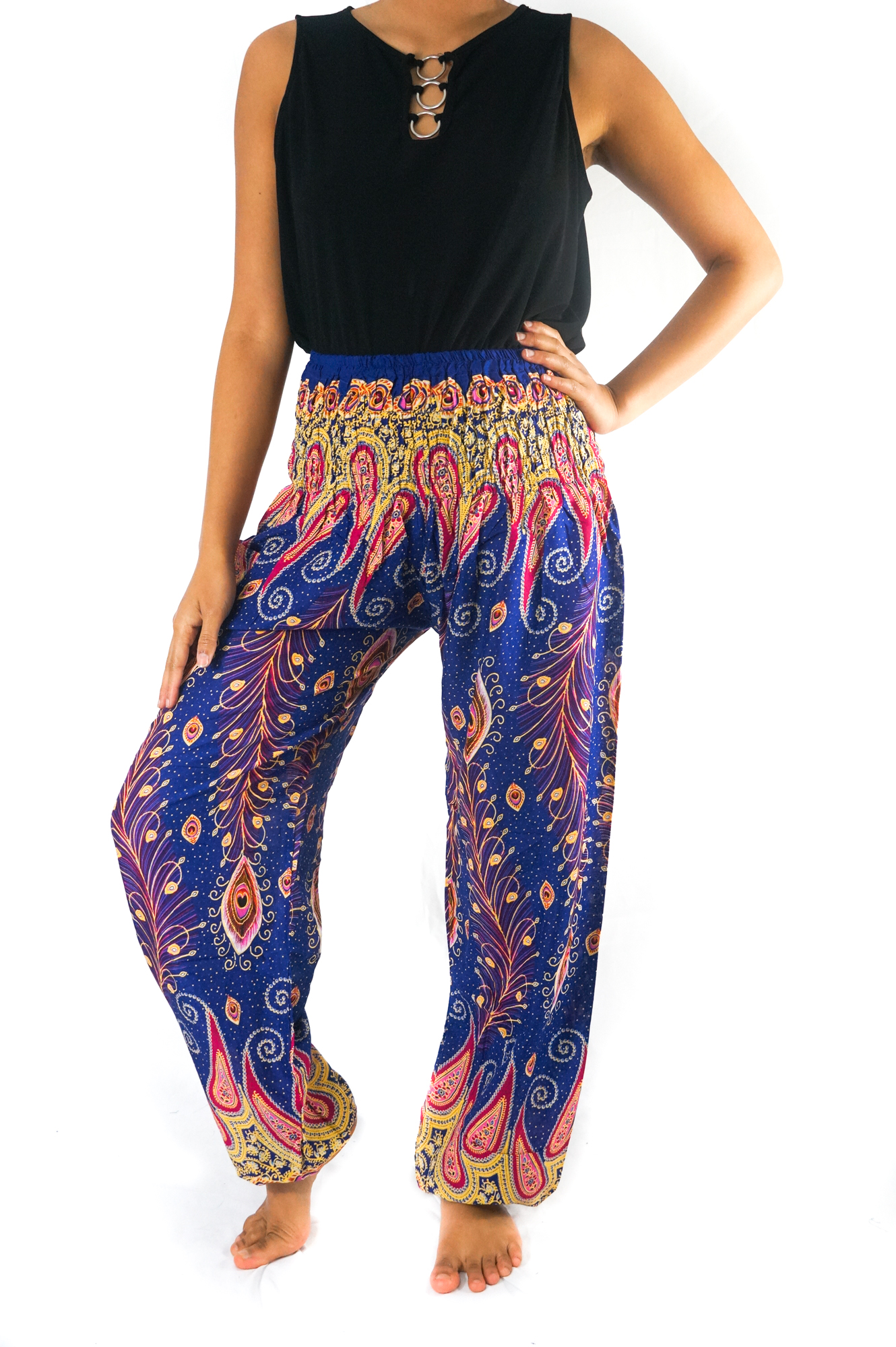 A pair of New Blue Peacock Boho Hippie Gypsy Pants featuring a vibrant peacock pattern, made from lightweight rayon fabric, showcasing their elastic waist and ankle design.