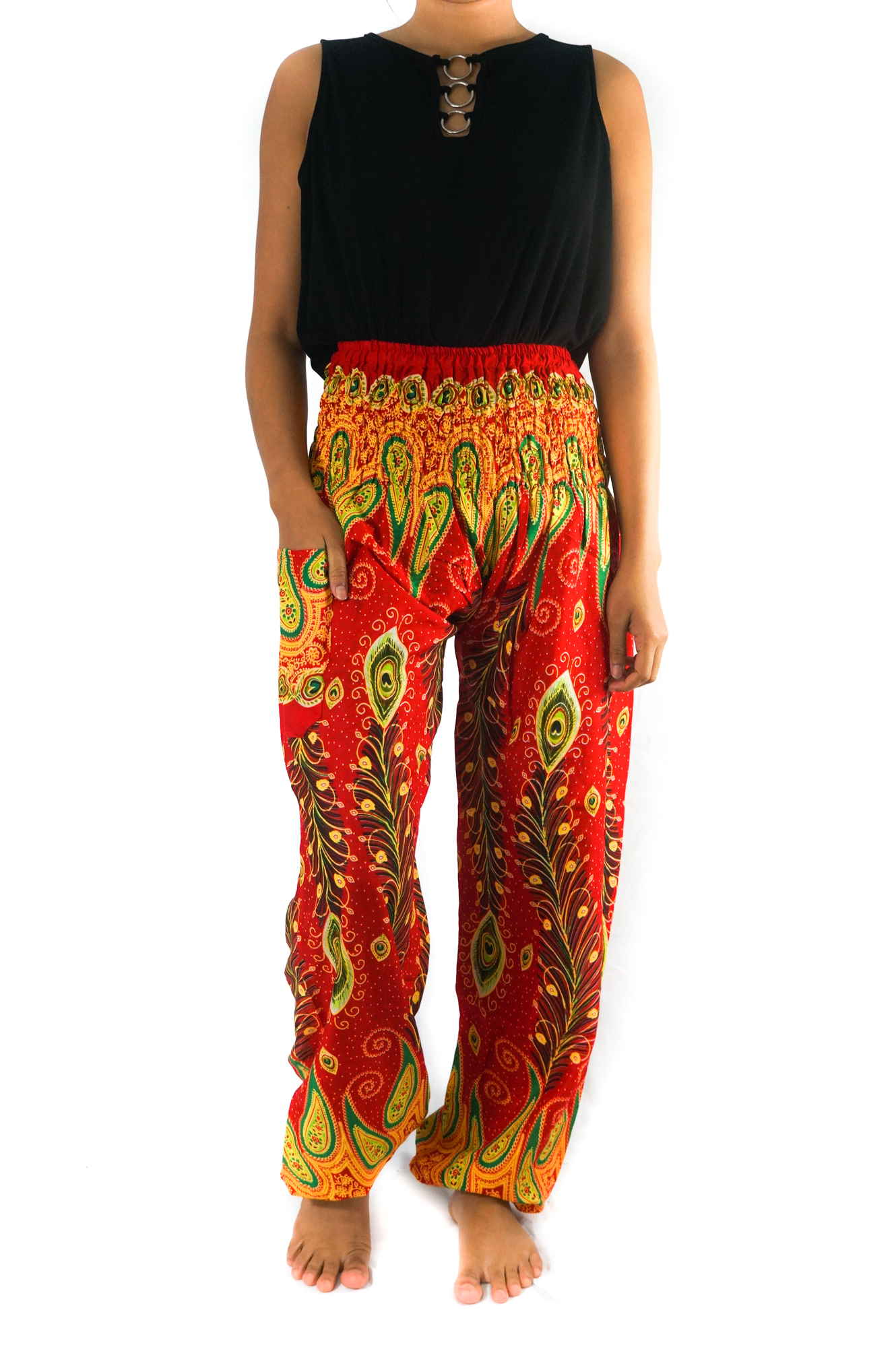 New Orange Peacock Boho Hippie Gypsy Pants featuring a vibrant peacock pattern, elastic waist, and ankle for a comfortable fit.