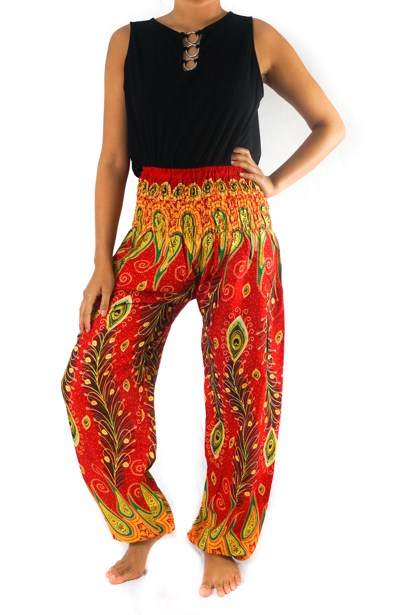 New Orange Peacock Boho Hippie Gypsy Pants featuring a vibrant peacock pattern, elastic waist, and ankle for a comfortable fit.