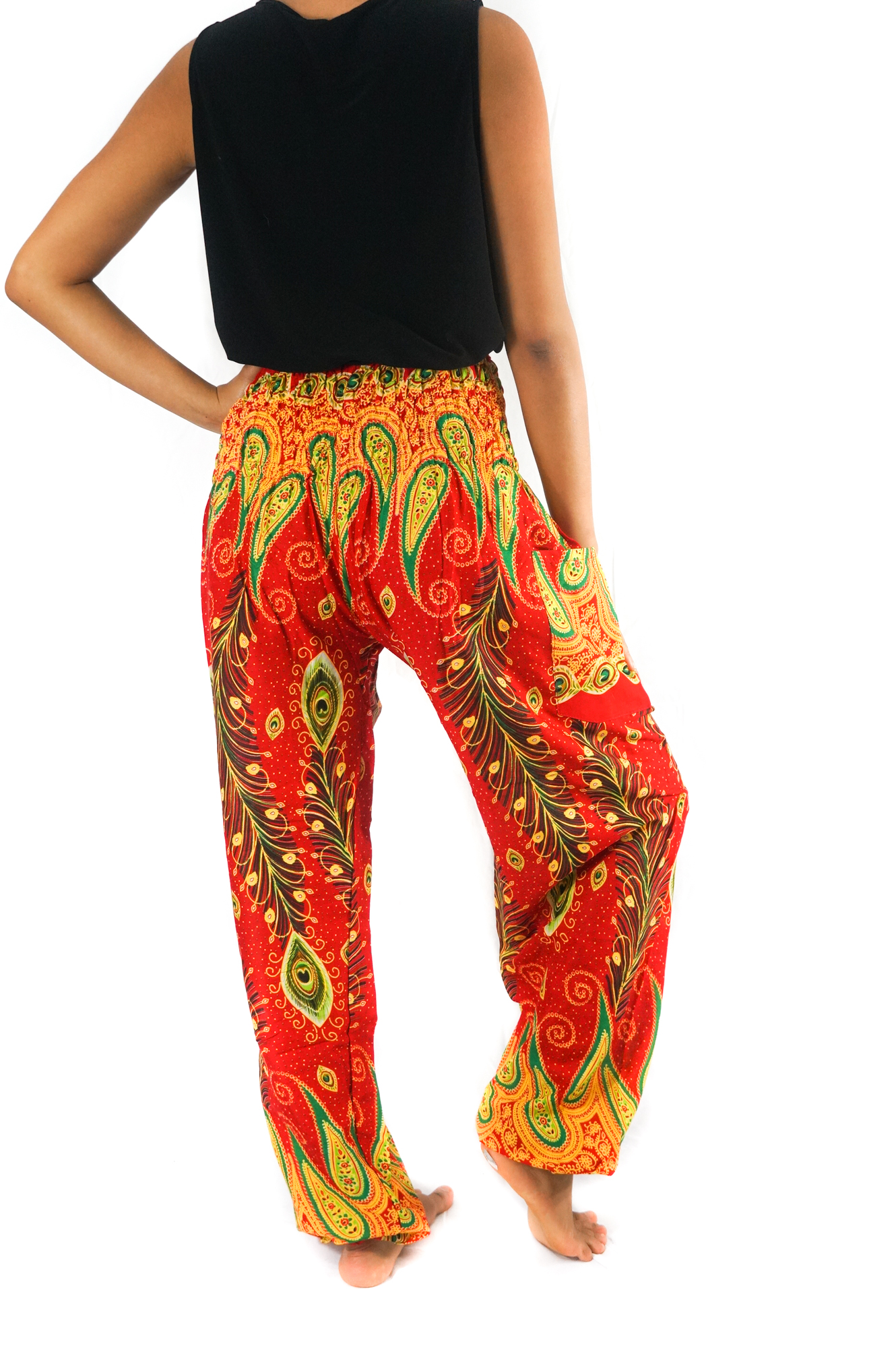 New Orange Peacock Boho Hippie Gypsy Pants featuring a vibrant peacock pattern, elastic waist, and ankle for a comfortable fit.