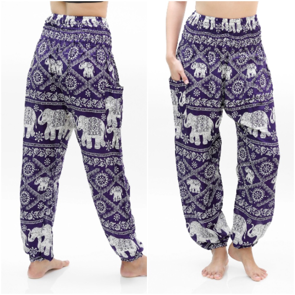 Purple Elephant Boho Pants for women, featuring a vibrant elephant pattern, elastic waist, and comfortable fit, perfect for yoga and casual wear.