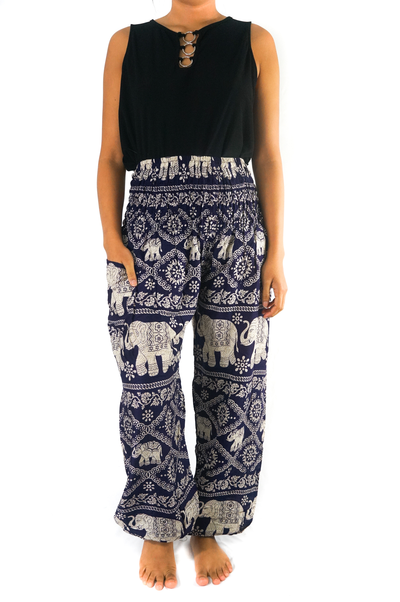 Purple Elephant Boho Pants for women, featuring a vibrant elephant pattern, elastic waist, and comfortable fit, perfect for yoga and casual wear.