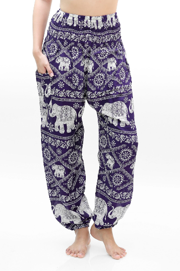 Purple Elephant Boho Pants for women, featuring a vibrant elephant pattern, elastic waist, and comfortable fit, perfect for yoga and casual wear.