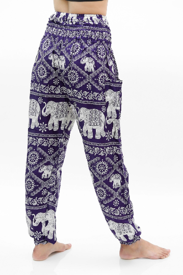 Purple Elephant Boho Pants for women, featuring a vibrant elephant pattern, elastic waist, and comfortable fit, perfect for yoga and casual wear.