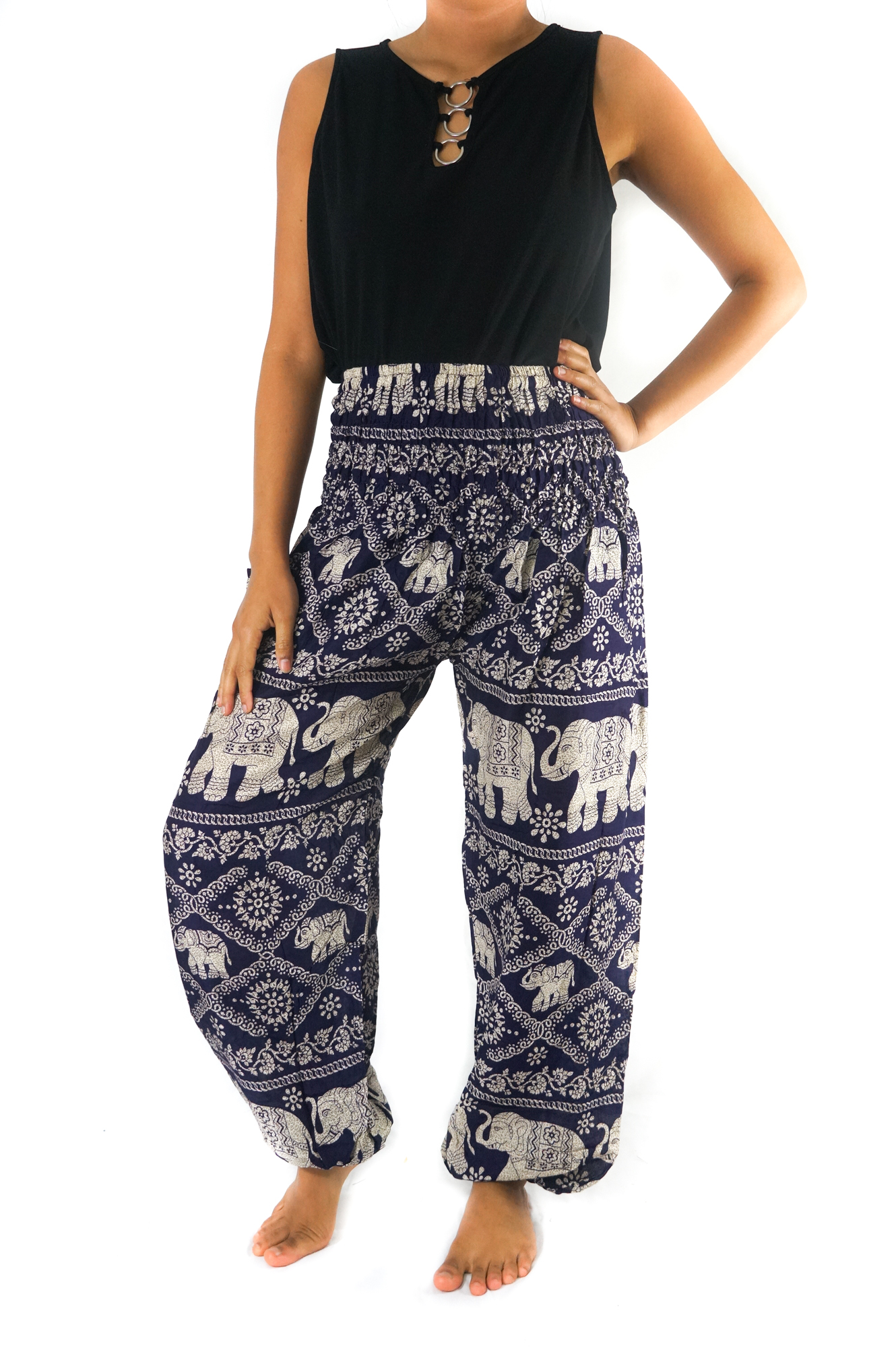 Purple Elephant Boho Pants for women, featuring a vibrant elephant pattern, elastic waist, and comfortable fit, perfect for yoga and casual wear.