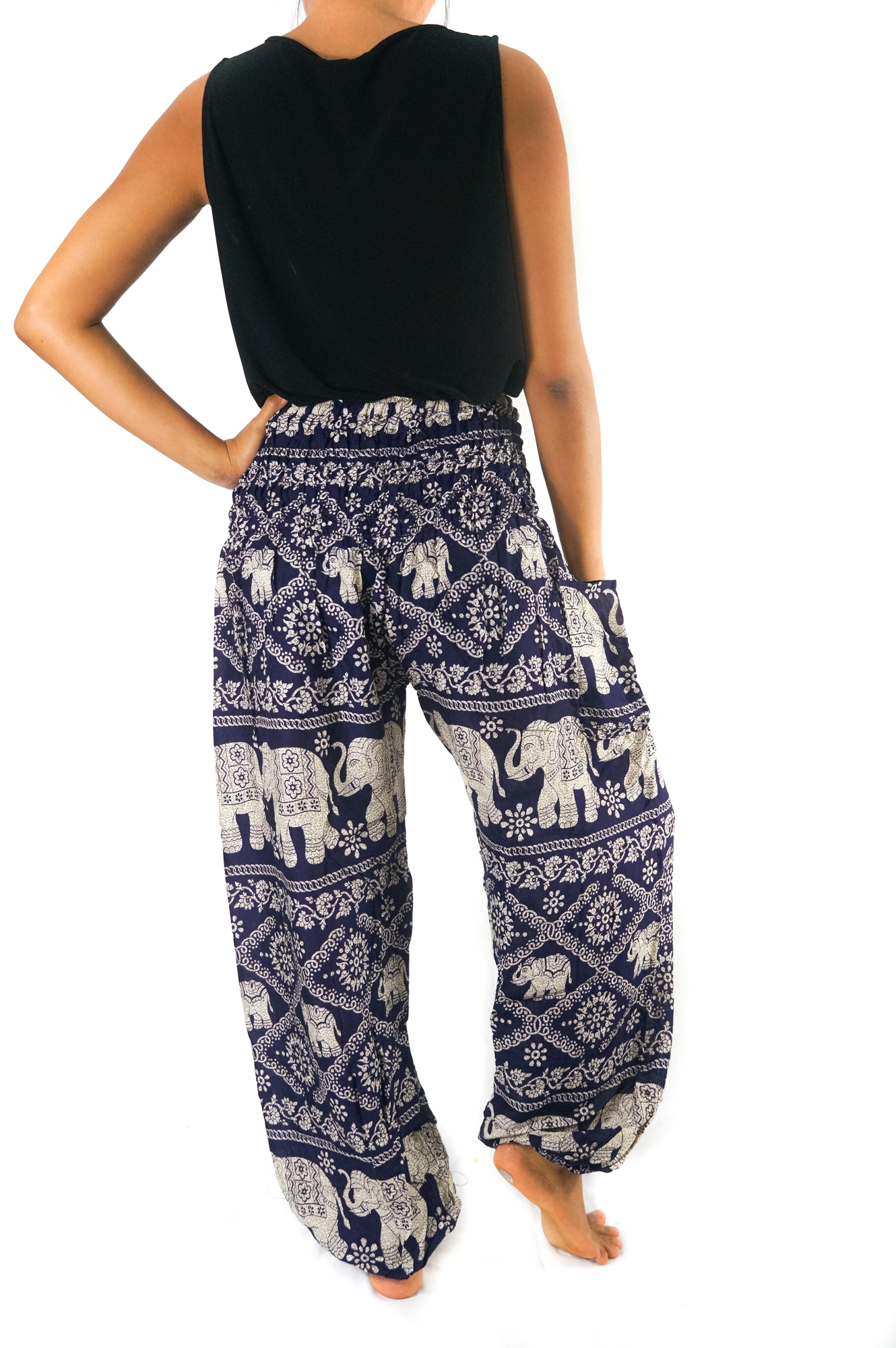 Purple Elephant Boho Pants for women, featuring a vibrant elephant pattern, elastic waist, and comfortable fit, perfect for yoga and casual wear.