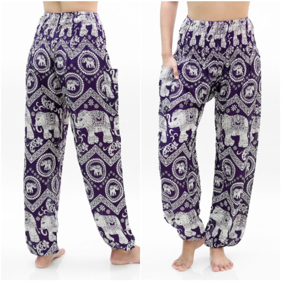 Purple Elephant Boho Pants for women, featuring a vibrant design, elastic waist, and comfortable fit, perfect for yoga and casual wear.